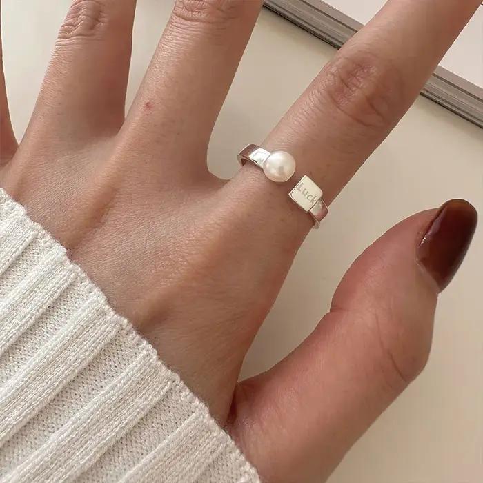 Bagues en argent Sterling 925 avec lettres géométriques en perles pour femmes et hommes