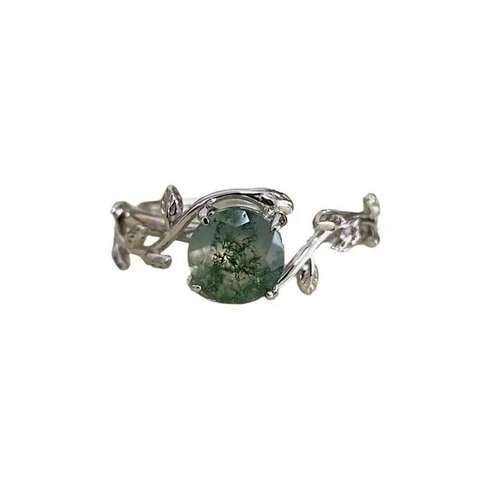 Bague musgo vert en argent 925 avec pierre d'agate d'herbe d'eau