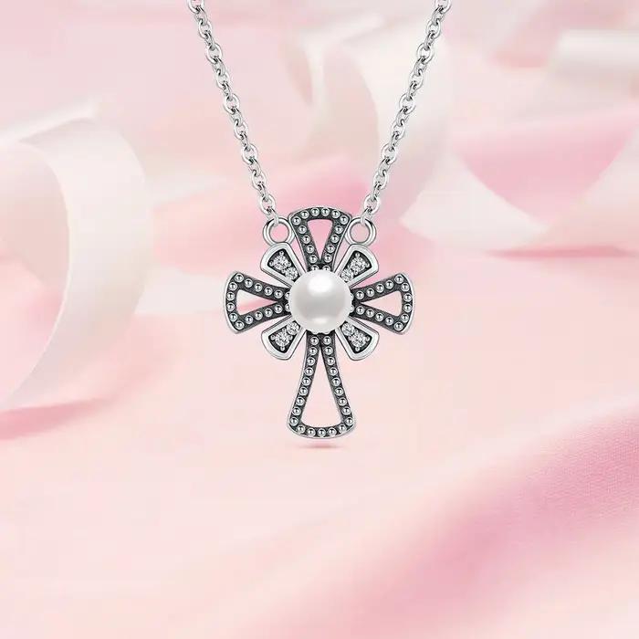 Collier croix en argent sterling 925 avec perles