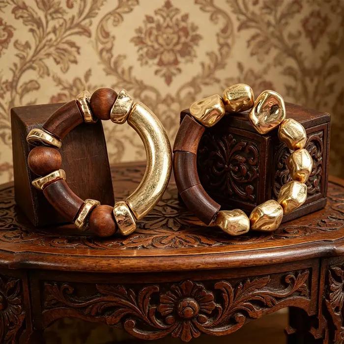 Ensemble de bracelets bohèmes en bois et perles dorées