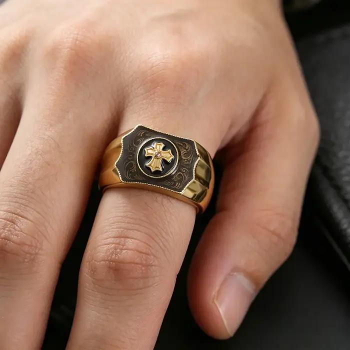 Bague en Agate Noire en Forme de Croix Punk pour Homme Occasions Spéciales Anniversaire Symbolisme Foi et Pouvoir