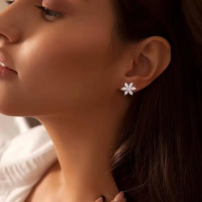 Boucles d'oreilles à clous en Moissanite pour femmes, grappe de fleurs, diamant de laboratoire, taille Marquise, bijoux fins en argent Sterling 925