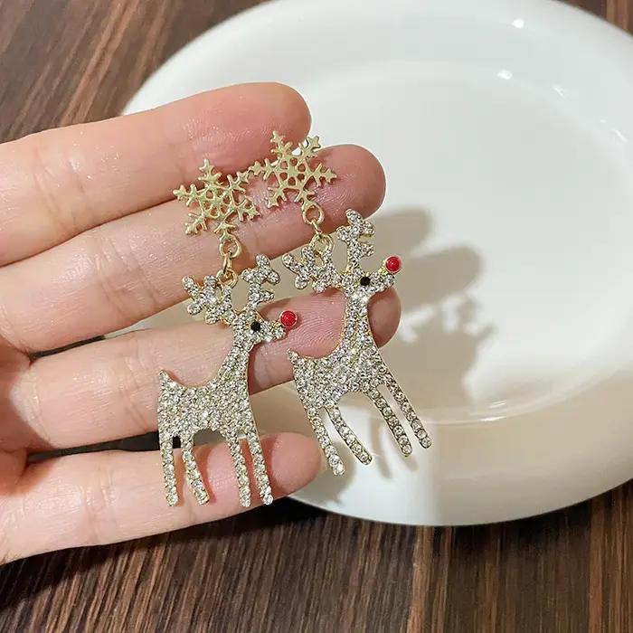 Dessin animé de noël plein strass renne flocon de neige boucles d'oreilles pendantes Animal cerf wapiti