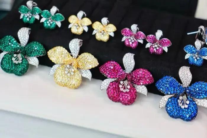 Boucles d'oreilles en argent sterling 925 serties de zircon fleur rouge bleue jaune verte pour femmes occasions spéciales fiançailles mariage