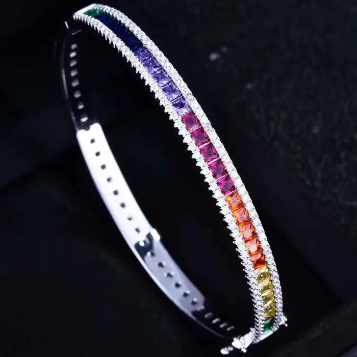 Bracelet manchette plaqué platine, zircone cubique, dégradé arc-en-ciel, bijoux cadeau pour femmes, bijoux de luxe pour anniversaire de mariage