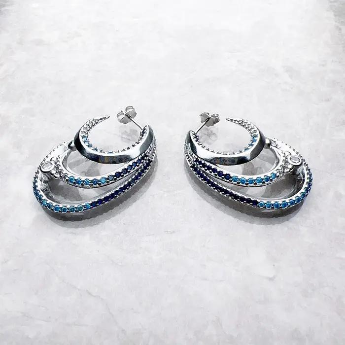 Boucles d'oreilles créoles ondulées en argent sterling 925 avec pierres bleues et zircone blanche pour femmes, bijoux fin bohème à offrir pour occasions spéciales