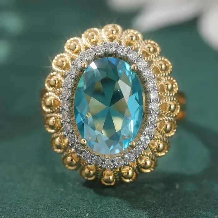 Bague ovale scintillante de luxe en zircone synthétique bleue pour femme