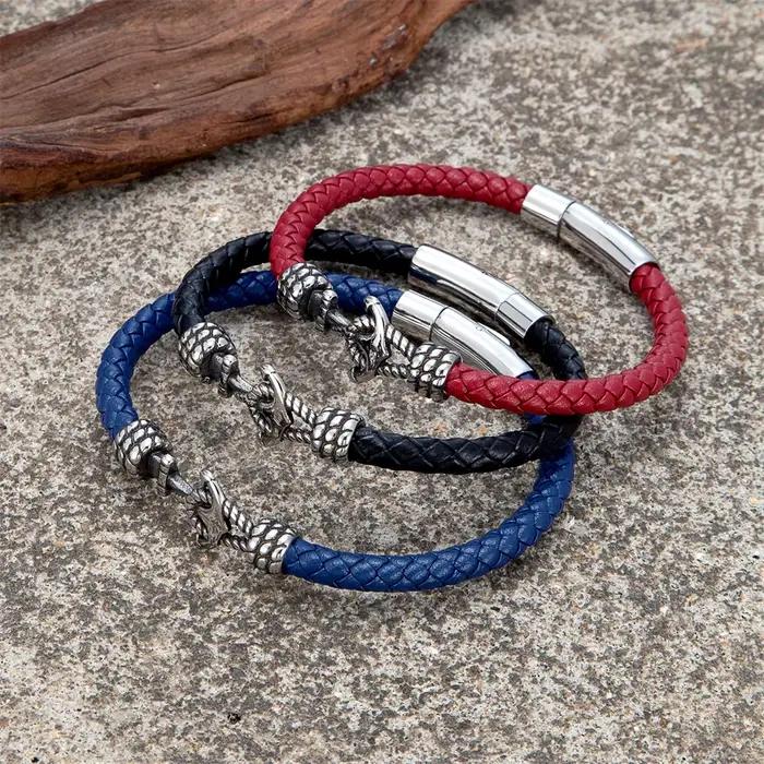 Bracelets d'ancre en cuir tressé noir/rouge/bleu 6mm pour femmes et hommes