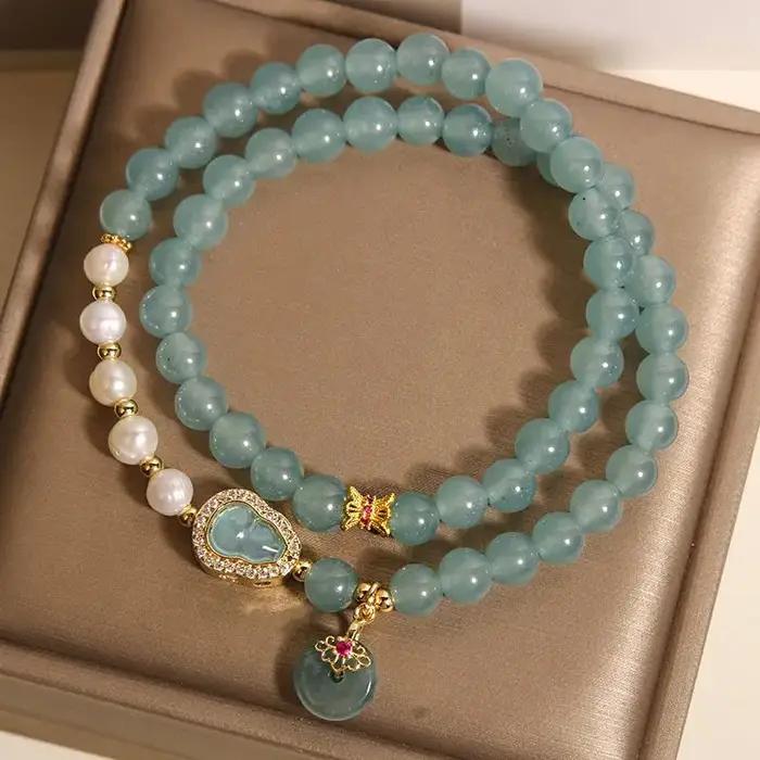 Bracelet double couche en perles de jade bleu clair