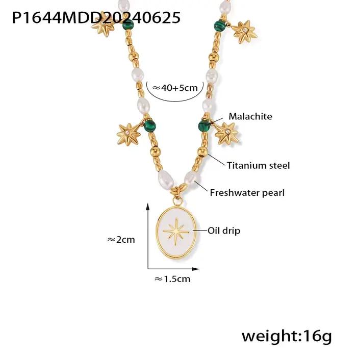 Palace-Collier de Luxe Plaqué Or avec Pendentif Rayons pour Femme, Perle Verte, Chaîne de Charbon, B