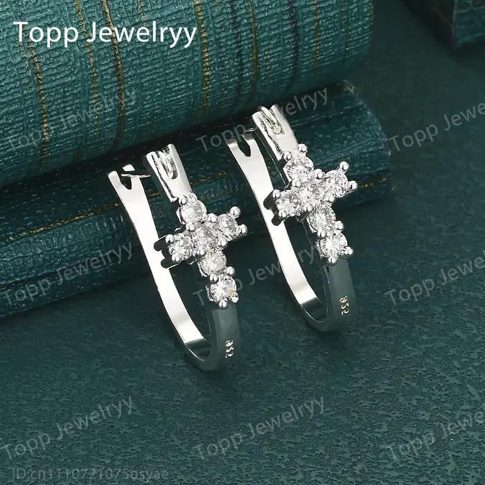 Clips d'oreille luxueux en argent sterling 925 avec croix en zircon - Bijoux élégants pour femmes, cadeau de mariage
