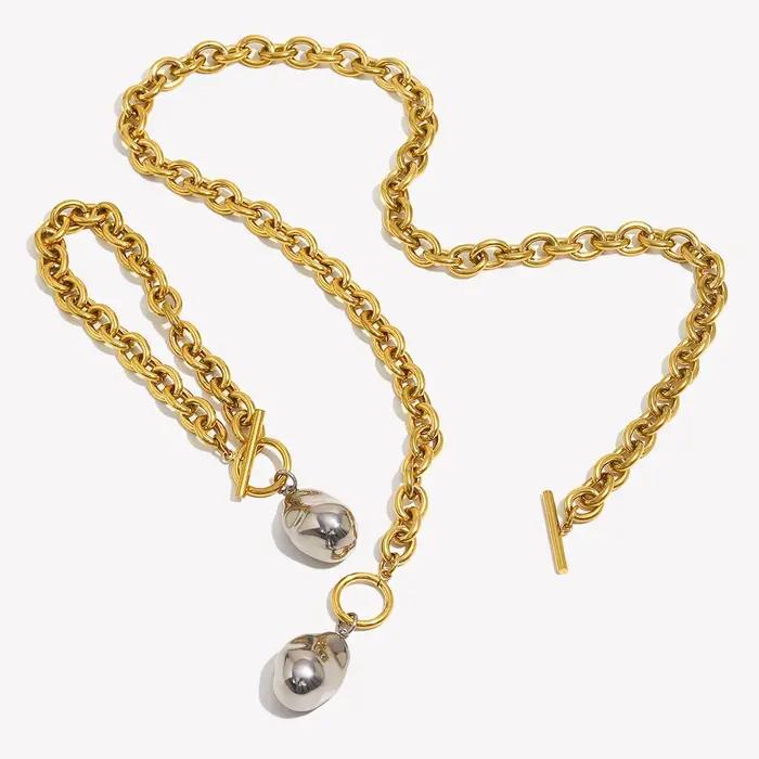 E.B.belle OT boucle acier couleur solide cacahuète pendentif collier Bracelet plaqué or 18 carats