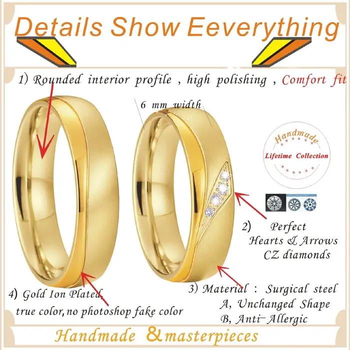Anneau de mariage en acier inoxydable plaqué or rose pour homme et femme, alliances de fiançailles, mariage et anniversaire, zirconium blanc, largeur 6mm, classique et élégant