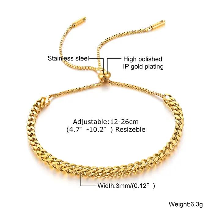 Bracelet hommes chaîne française 3mm, lien coulissant en acier inoxydable a Bracelets réglables pour hommes femmes bijoux