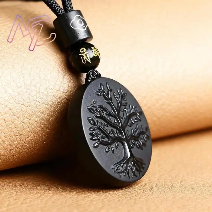 Collier Pendentif Arbre de Vie en Obsidienne Naturelle Vintage pour Femme Occasions Spéciales Bijou de Style Classique