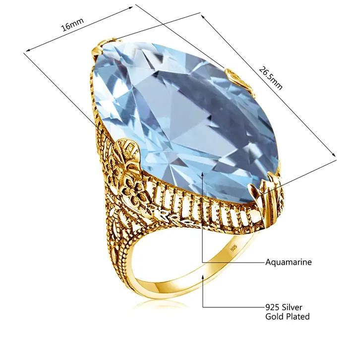 Bague de cocktail royale vintage en argent sterling 925 véritable avec grande pierre ovale en aquama