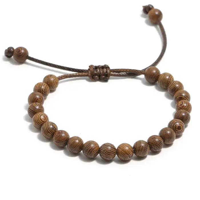 Bracelet en perles de bois naturel de 8 mm pour hommes et femmes, fait à la main, réglable, en corde
