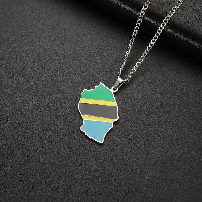 Collier avec pendentif en émail en forme de drapeau de la Tanzanie acier inoxydable bijou patriotique tanzanien cadeau occasion spéciale partenaire couple anniversaire mariage