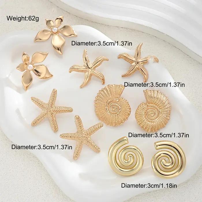 Ensemble de 5 paires de boucles d'oreilles étoile de mer en résine or pour femmes, style bohème, bijoux quotidiens et cadeaux pour toutes les occasions
