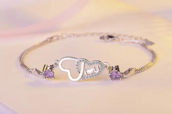 925 argent Sterling amour éternel coeur zircone Double couche chaîne Bracelet pour les femmes Pulseira Feminina S-b47