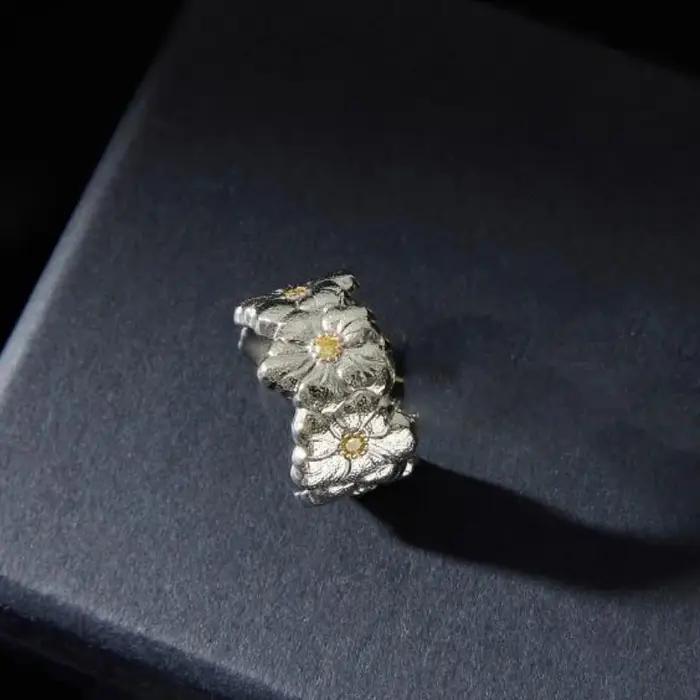 Bagues de fleurs de gardénia brillantes exquises en argent 925 pour femmes