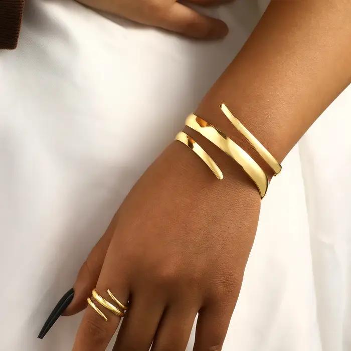 Ensemble de bracelets et matiques ouverts en métal pour femmes, bracelet lisse, accessoires de bijou