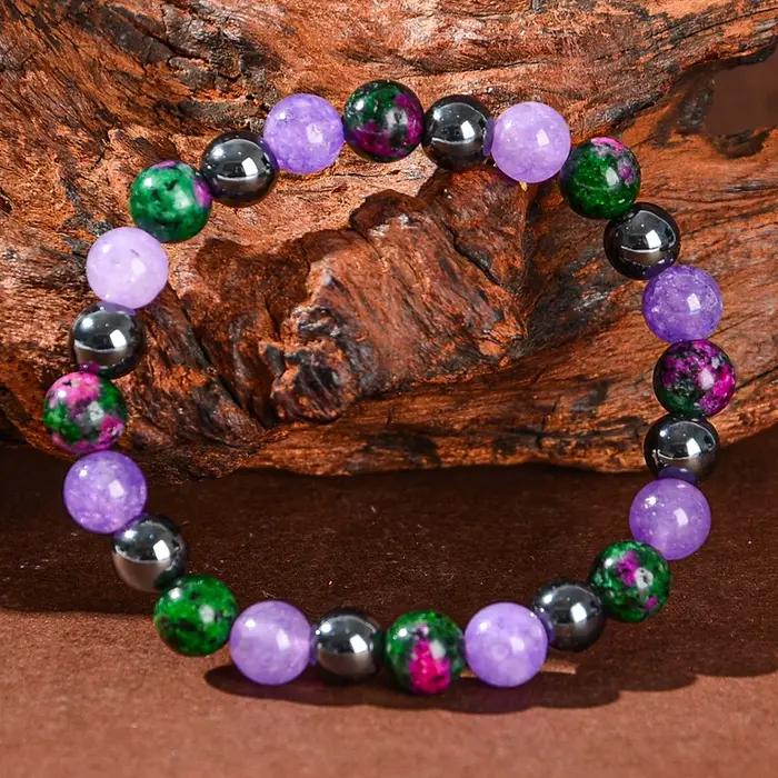 Bracelet en pierre naturelle pour la guérison de la dépression avec pierre vert fleur et mica violet pour femmes et hommes occasions spéciales bien-être émotionnel