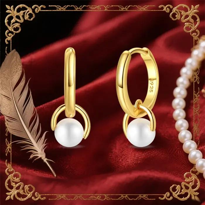 100% 925 argent Sterling perle géométrie dorée boucles d'oreilles pour les femmes mode fête d'anniversaire bijoux de