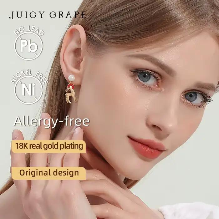 Juciy raisin 3D stéréoscopique Sika cerf boucles d'oreilles 925 argent aiguille à la main émail bijoux cerf boucles d'oreilles cadeau Unique