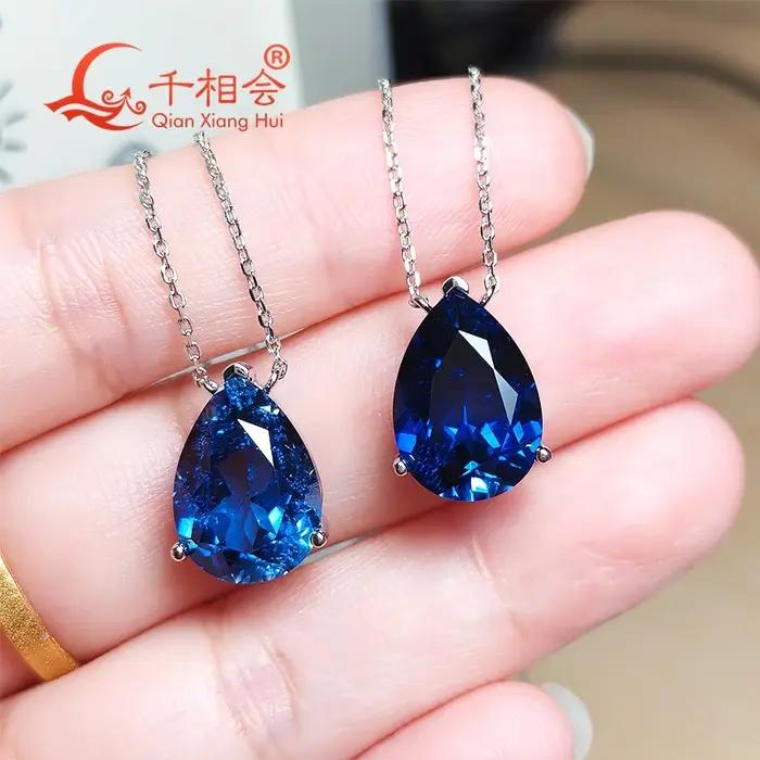 Pendentif Collier en Argent 925 Forme Poire 7ct 10x14mm Saphir Bleu Royal/Bleu Bleuet de Laboratoire Créé avec Inclusions