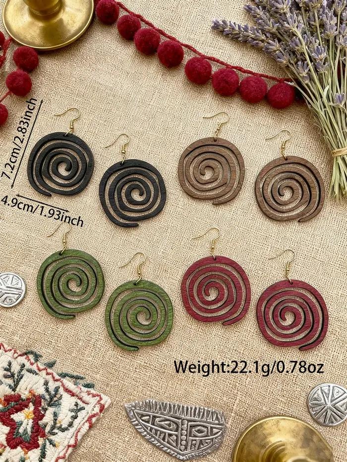 4 paires/ensemble de boucles d'oreilles géométriques rondes en bois de Style Vintage