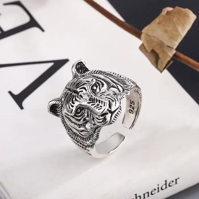 Bagues réglables en forme de tigre en argent Sterling 925 pour femmes et hommes