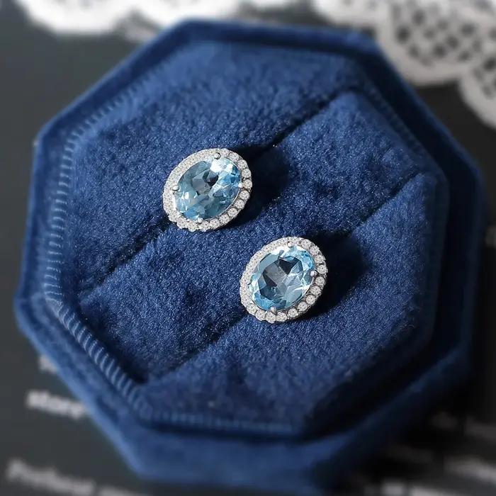 LAMOON-Boucles d'Oreilles en Topaze Naturelle pour Femme, Pierre Bleue, Argent Sterling 925, Plaqué