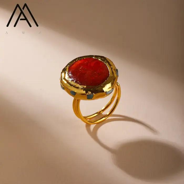 Bague en pierre précieuse Larimar corail rouge, bague Vintage en cuivre plaqué or 18 carats, bijoux