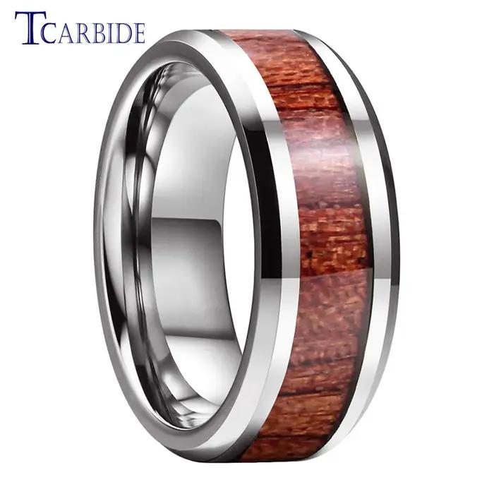 Bague de mariage en tungstène 8 mm pour homme et femme, incrustation en bois de rose et koa, finitio