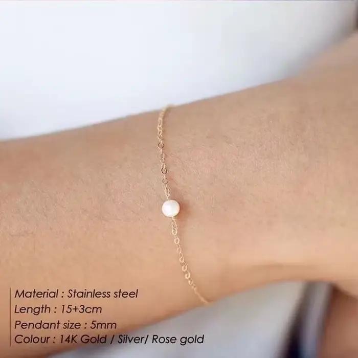 SUNIBI Bracelet en acier inoxydable pour femmes coquille de mer simulée-perle Ultra mince lien de chaîne