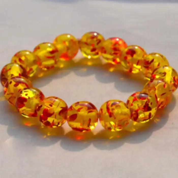Bracelet de perles rondes extensibles en résine ambre 10 mm et 8 mm pour femme