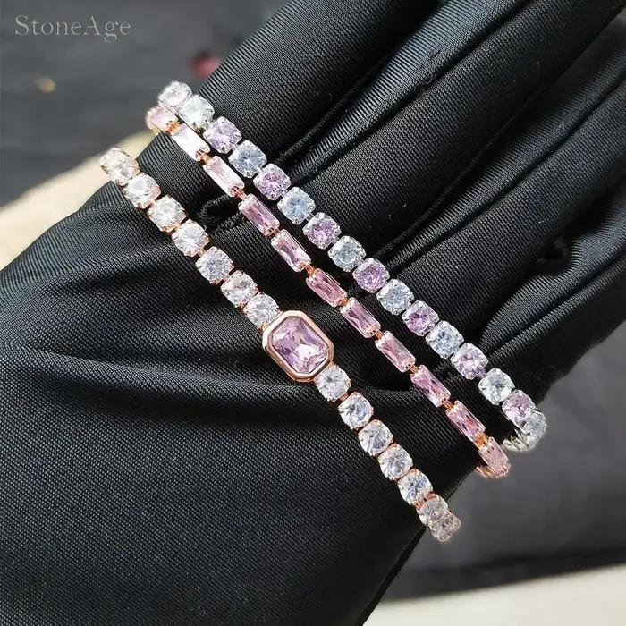 Bracelet de Tennis en Cristal Rose pour Femmes Style Mode Zircone Brillante Occasions Spéciales