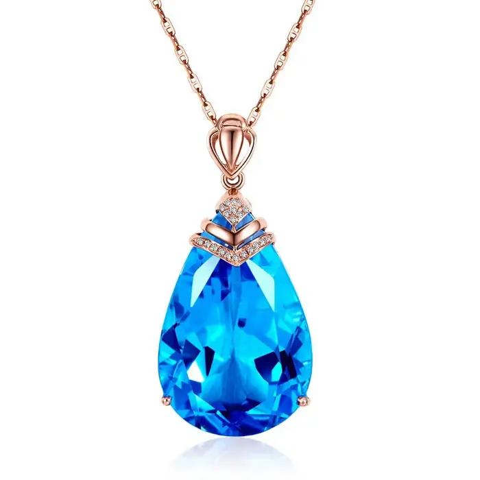 Collier en or rose 14K pendentif saphir bleu pour femme topaze goutte calcédoine