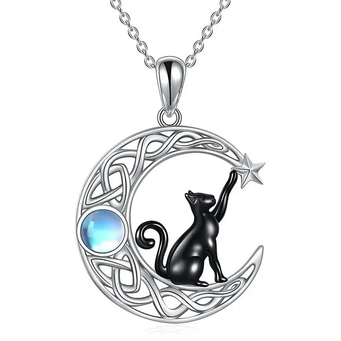 Collier pendentif lune chat noir vintage mignon pour femmes et adolescentes