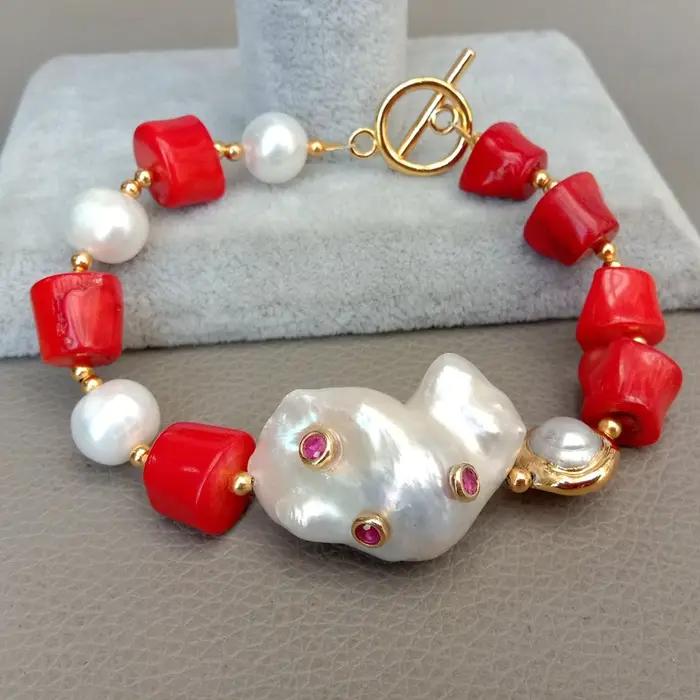 Bracelet perle de culture blanche rouge