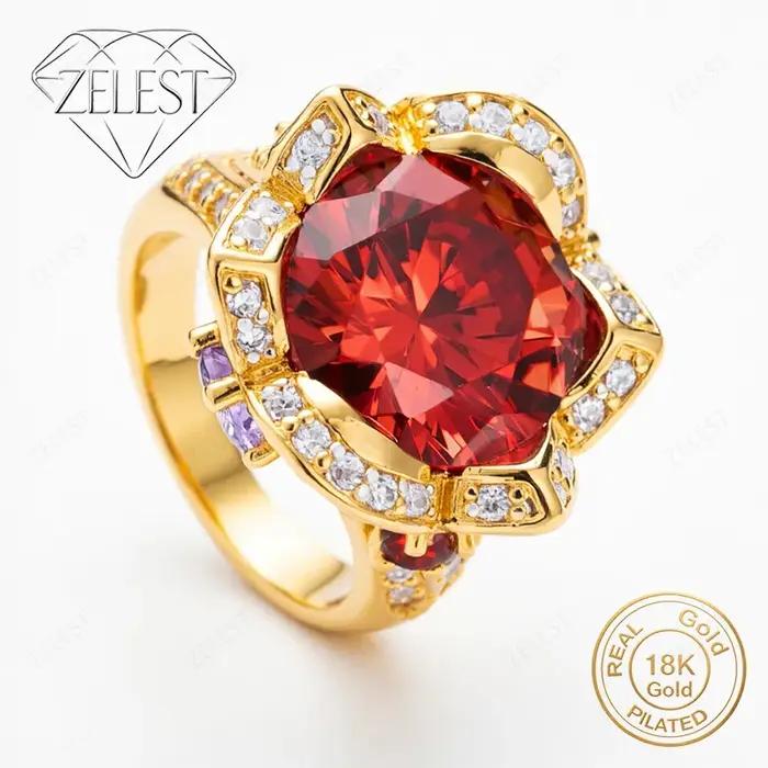 Bague en argent sterling 925 plaqué or 18 carats avec zircon rouge/rose de luxe pour femmes