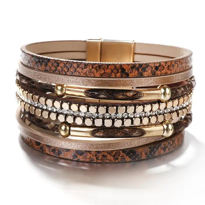 ALLYES cristal peau de serpent Bracelets en cuir pour femmes mode bohème multicouche bracelet à breloques