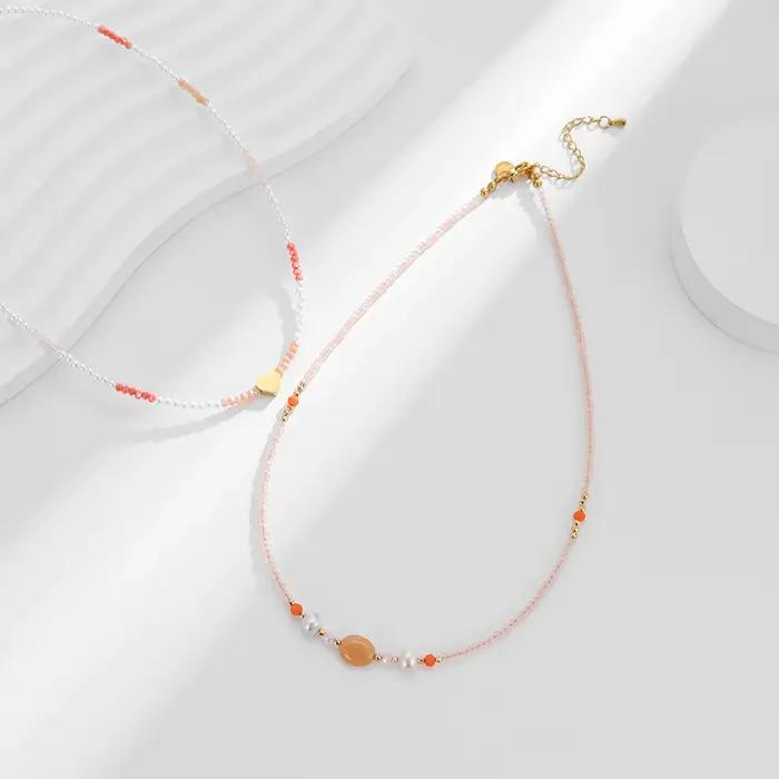Collier de perles roses bohème avec pendentif en forme de cercle en acier inoxydable pour femmes et filles occasions spéciales