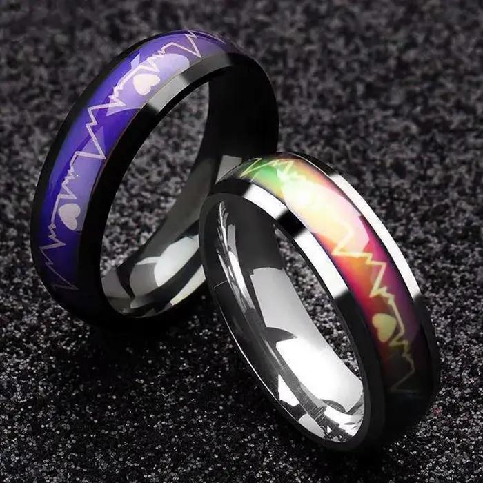 Bague personnalisée en acier inoxydable avec tracker de battements cardiaques et humeur pour femmes, alliances de mariage, coeurs modernes et bijoux technologiques