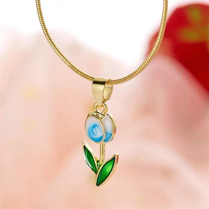 Collier pendentif fleur de tulipe en émail vintage élégant pour femme
