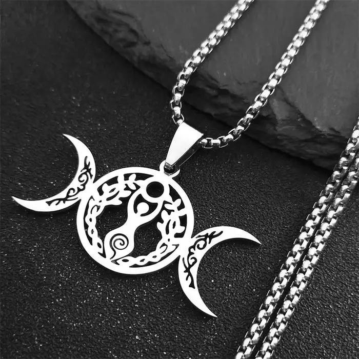 Sorcière Triple lune déesse Luna collier pour femmes hommes acier inoxydable couleur argent amulette Hecate chaîne