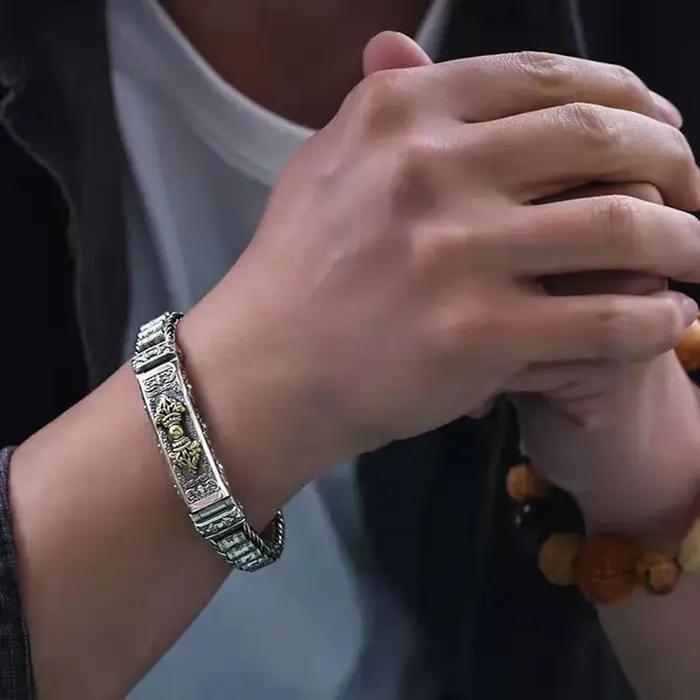 Bracelet mantra tibétain en argent Six-rick pour homme