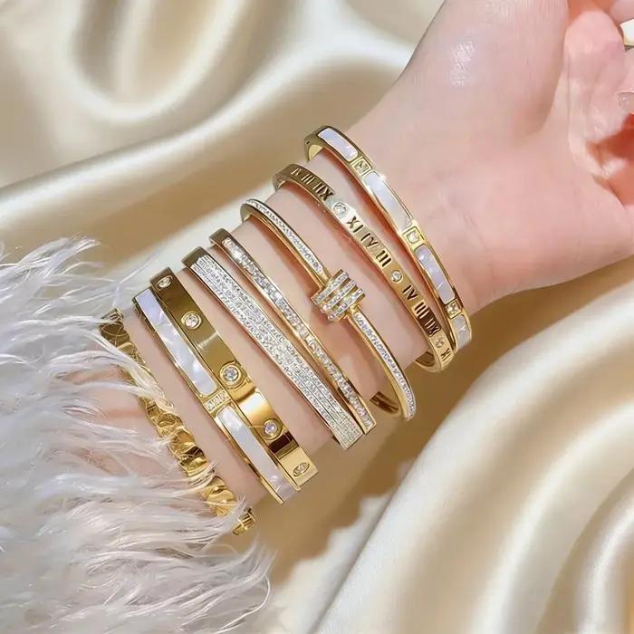 Bracelet jonc de luxe en acier inoxydable plaqué or pour femme