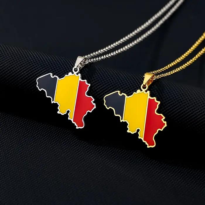 Acier inoxydable émail belgique carte drapeau pendentif collier unisexe Couple ethnique patriotique bijoux cadeau offre spéciale européenne américaine